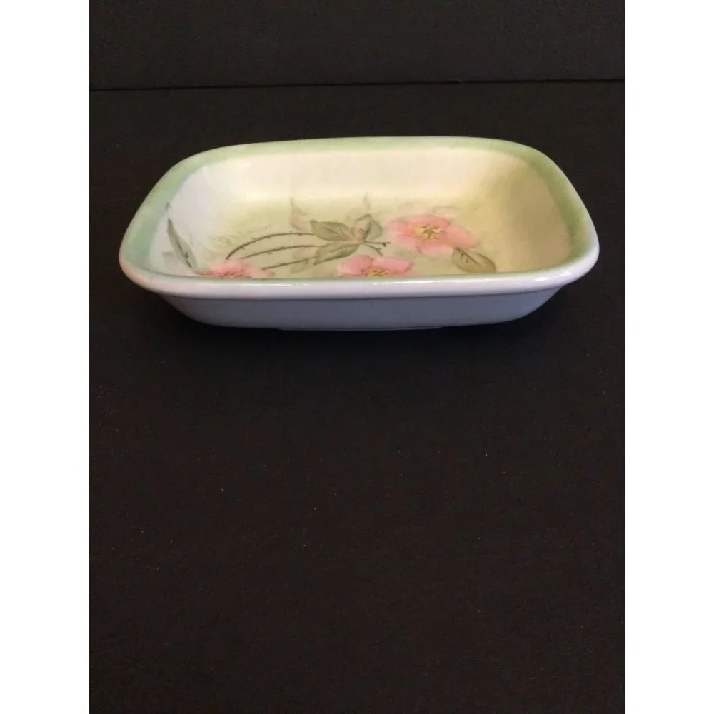 Vintage HALL ceramic soap dish signed J Midler floral pastels green pink 1730